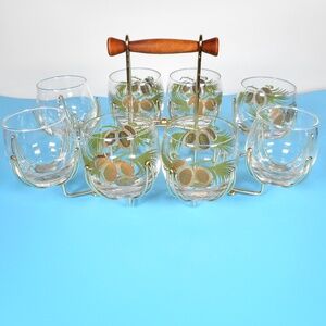 VTG 60s MGM Roly Poly Lowball Old Fashioned Glasses Gold Pinecone Clear w Caddy